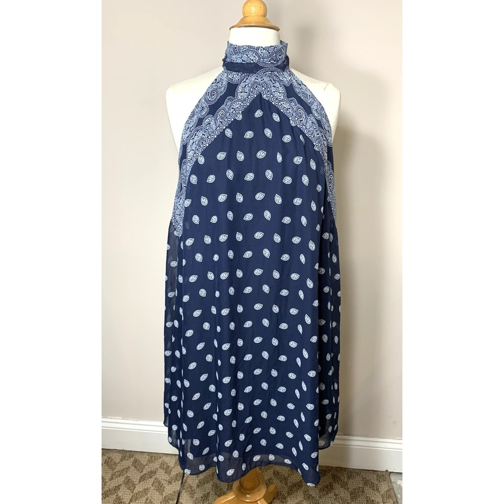 NEW London Times Trapeze Dress Womens 8 Blue Paisley‎ Halter Chiffon Swing Flowy